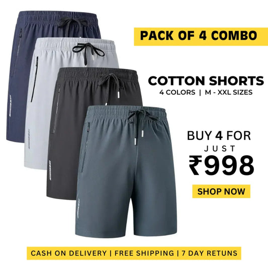 Combo of 4 Men's Stretchable Cotton Shorts for Summers 🌞👕